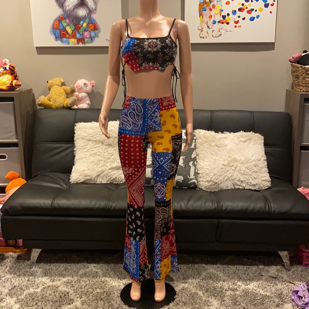 Bandana paisley print multi color two piece flare sexy lace up pant set co ord